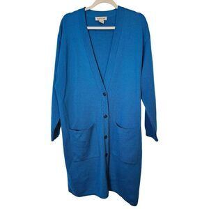 Anne Klein teal blue 100% wool long cardigan.  Size L.